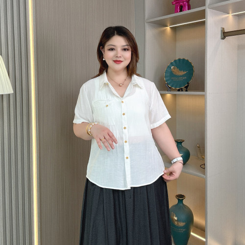 大码女装夏季薄款短袖衬衫上衣