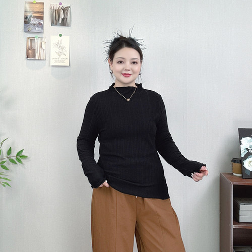 大码半高领木耳边打底衫长袖T恤