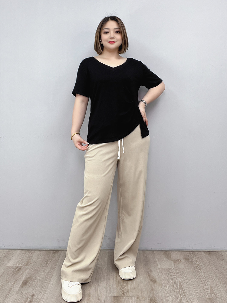 뚱뚱한 여성용 플러스 사이즈 여성 여름 신작 불규칙 어깨 반팔 티셔츠 슬리밍 배 커버 V 넥 올 매치 탑