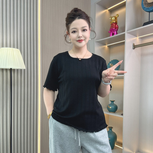 木耳花边短袖T恤女大码正肩上衣