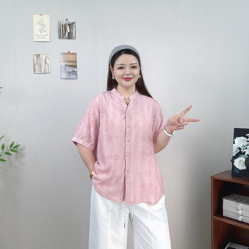 大码女装夏新款粉色短袖衬衫上衣