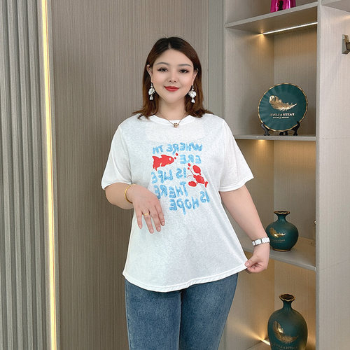 大码女装夏季新款雪花棉印花T恤