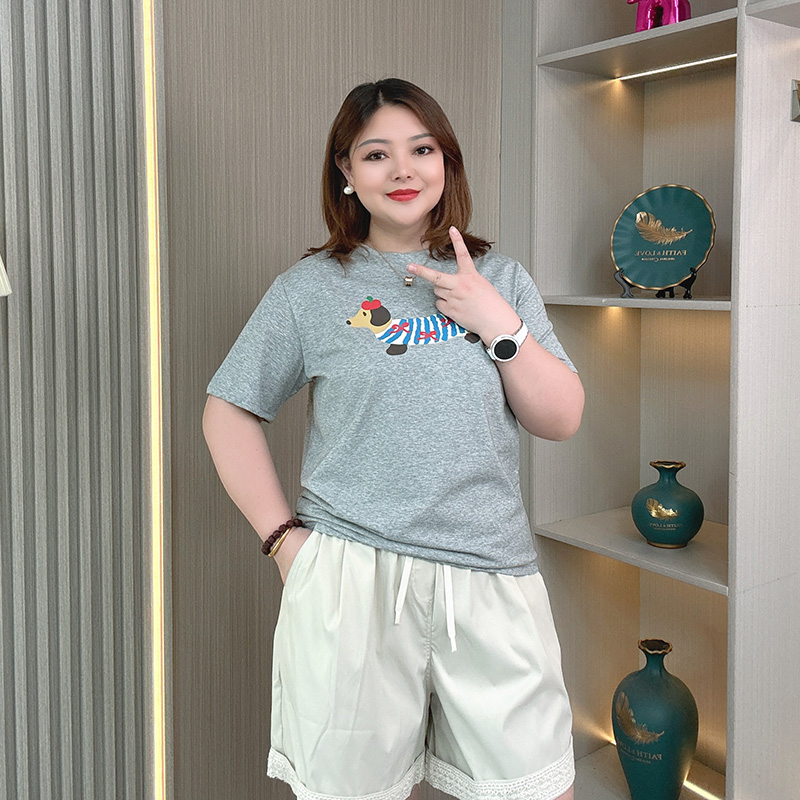 大码胖mm卡通腊肠小狗短袖T恤女