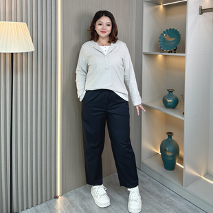 女装 宽松显瘦老爹萝卜裤 松紧腰九分休闲裤 胖mm新款 子 女春秋季 大码