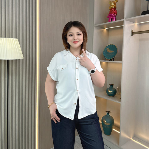 大码女装夏季款冰丝V领短袖衬衫