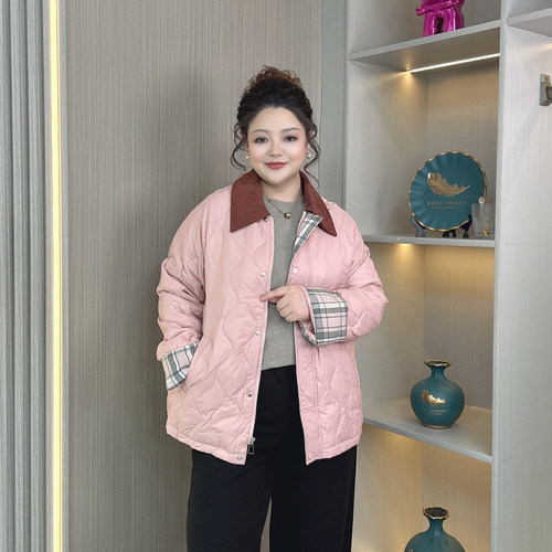 90白鸭绒羽绒服女款冬季保暖加肥大码胖mm260斤宽松撞色轻薄外套