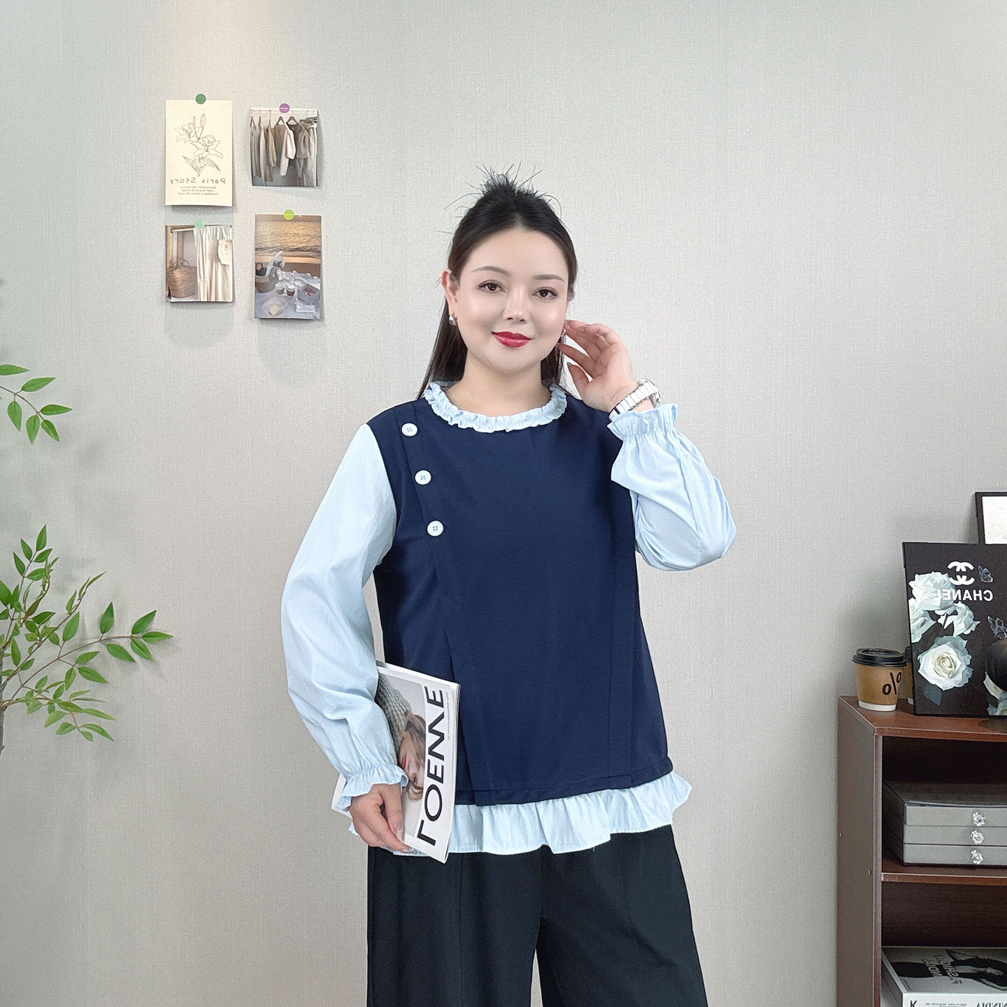 大码假两件花边领长袖衬衫女上衣图片