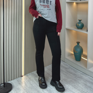 休闲百搭弹力直筒牛仔裤 松紧腰微喇裤 新款 胖mm高腰显瘦春装 女大码