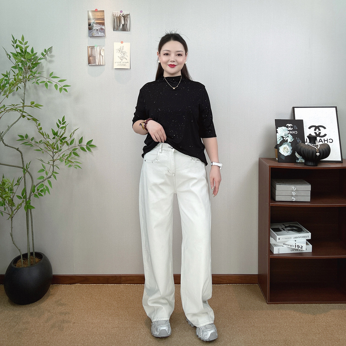 大码高腰直筒牛仔裤女胖mm宽松显瘦阔腿刺绣弯刀裤休闲拖地长裤子