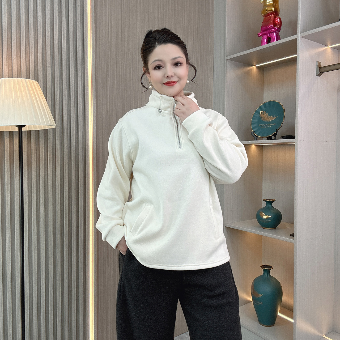 大码仿羊绒加厚半拉链宽松卫衣