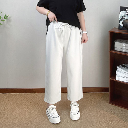 松紧腰抽绳阔腿裤女夏大码九分裤