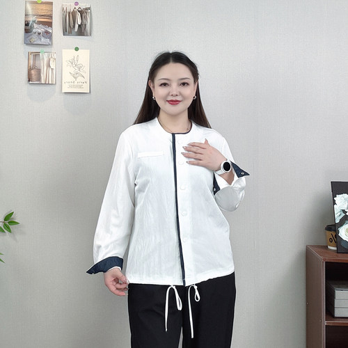 白色撞色抽绳外套女大码休闲上衣