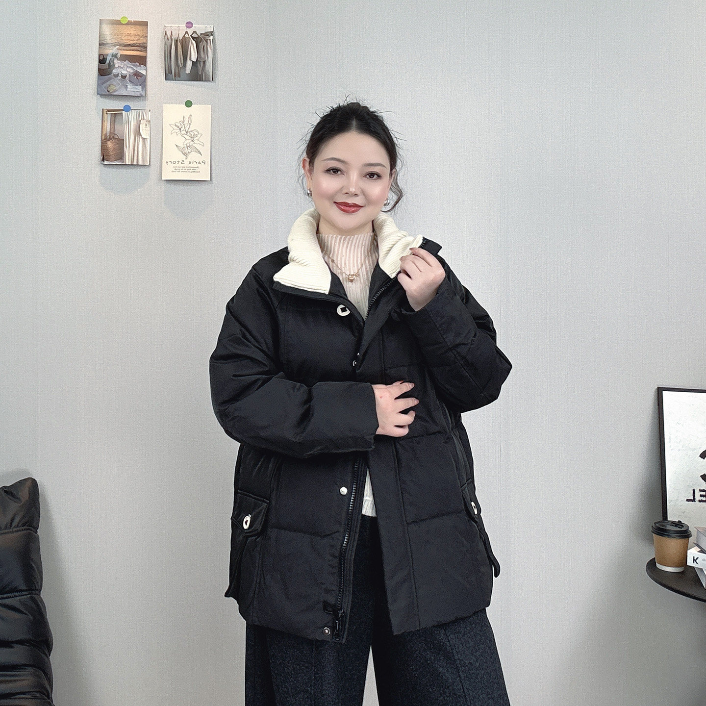 大码黑色针织领保暖羽绒服女白鸭绒中长款宽松显瘦加厚冬季厚外套