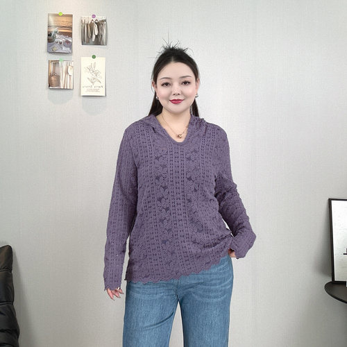 大码女装连帽镂空蕾丝衫时尚上衣