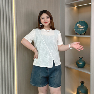 大码 t恤女正肩微胖高级感提花胖mm显瘦洋气上衣 夏季 白色开叉短袖