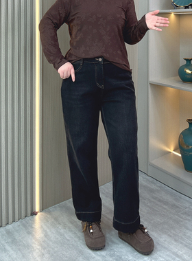 大码胖mm加绒加厚直筒牛仔裤女秋冬保暖新款宽松显瘦小个子九分裤