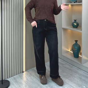 宽松显瘦小个子九分裤 女秋冬保暖新款 胖mm加绒加厚直筒牛仔裤 大码