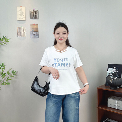 大码彩色字母印花短袖T恤女上衣