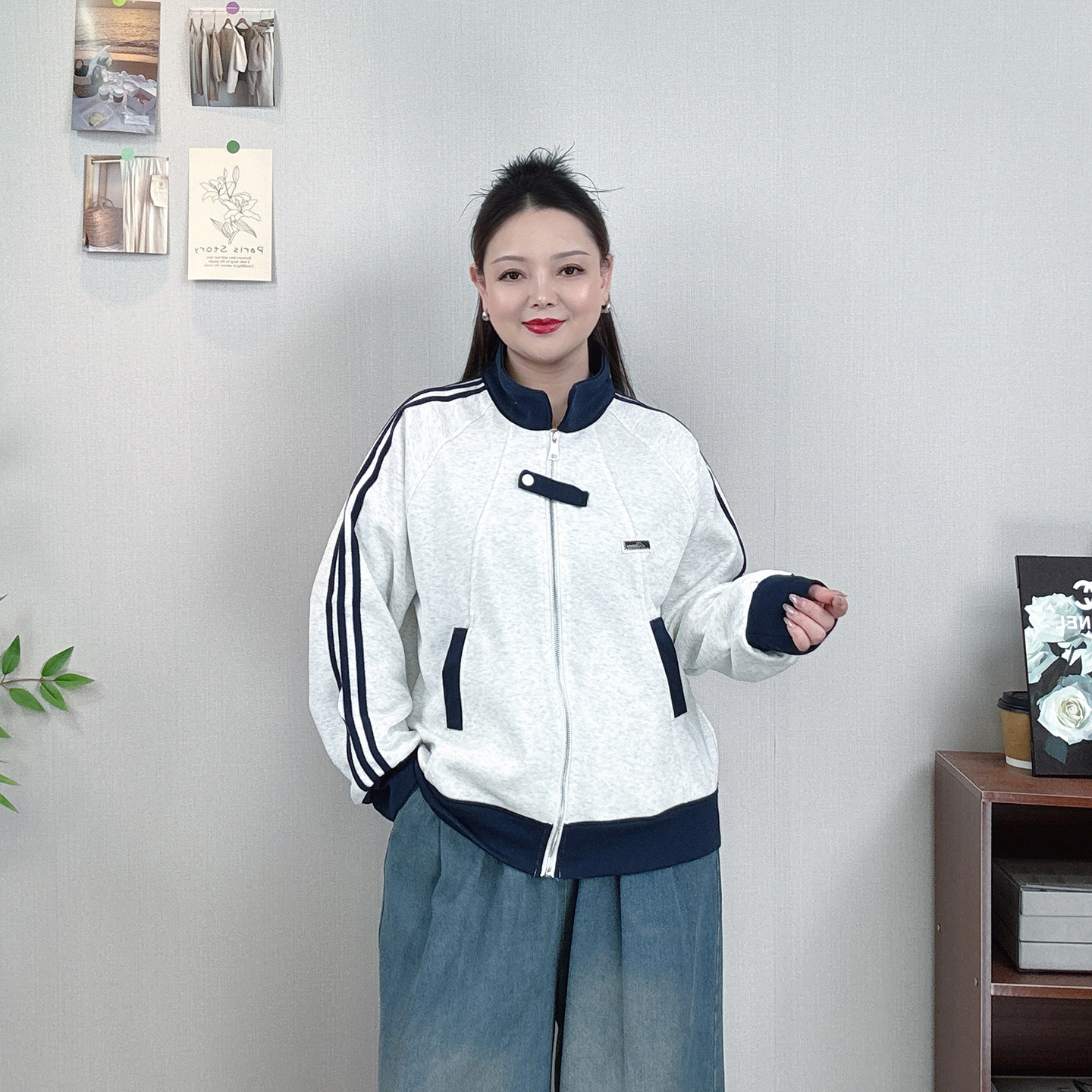 大码休闲立领拉链开衫外套女夹克图片