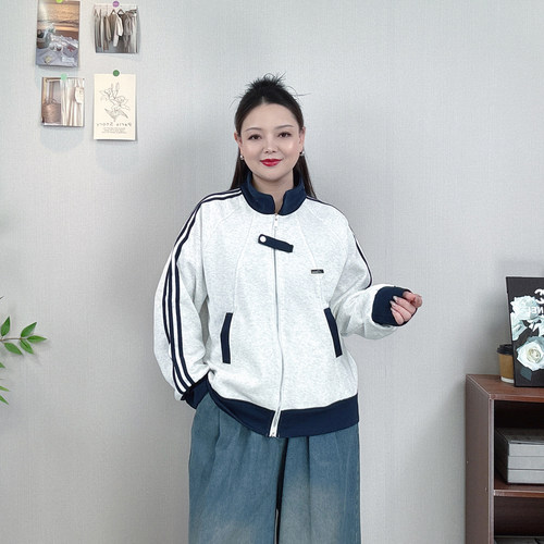 大码休闲立领拉链开衫外套女夹克