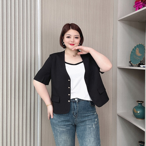 2026夏款大码V领短袖西装外套女
