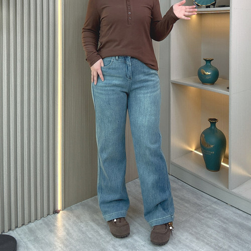 窄版阔腿牛仔裤女冬装加绒保暖长裤大码胖mm弹力高腰显瘦直筒裤子