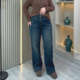 阔腿牛仔裤 女秋冬加绒保暖长裤 大码 窄版 胖mm弹力高腰显瘦直筒裤 子