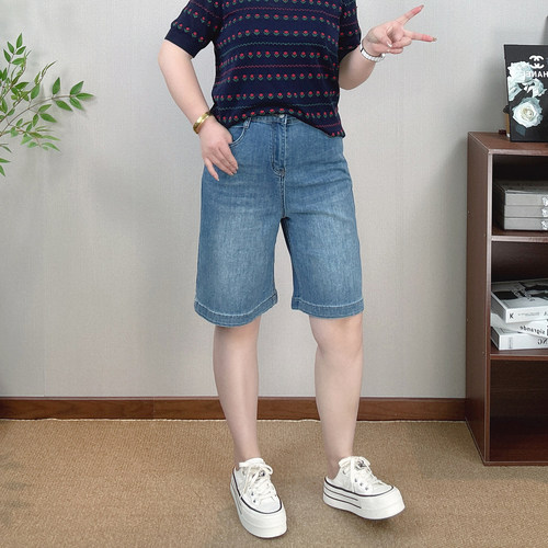 五分阔腿牛仔裤女大码直筒短裤子