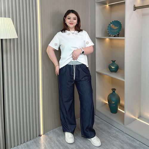 大码胖mm夏薄款防掉色天丝牛仔裤