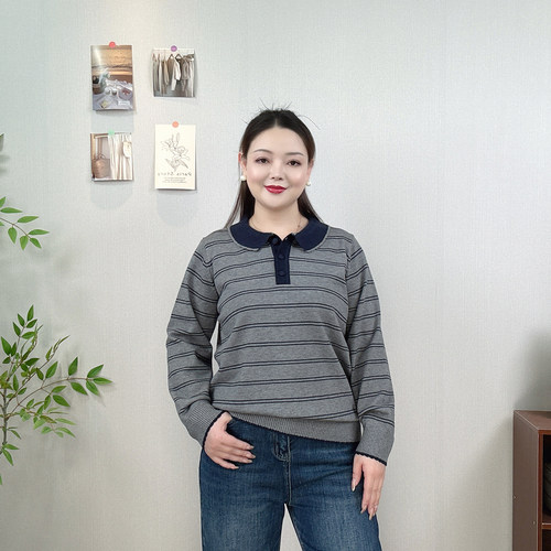 学院风条纹POLO领针织衫女打底衫