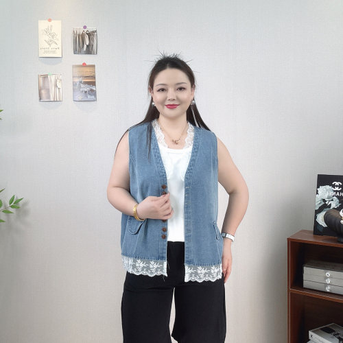 大码蕾丝拼接无袖牛仔马甲女外套