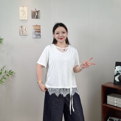 大码设计感蕾丝短袖T恤女夏上衣