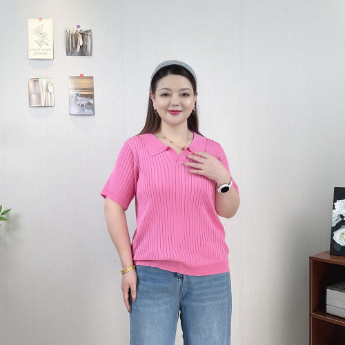 大码POLO领短袖针织衫女显瘦上衣