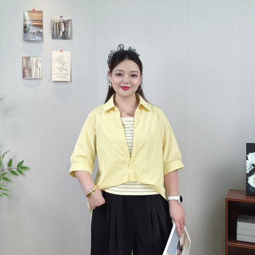 大码女夏装假两件拼接短袖衬衫女