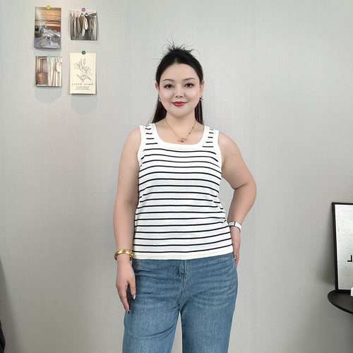 大码女装针织条纹吊带背心女上衣