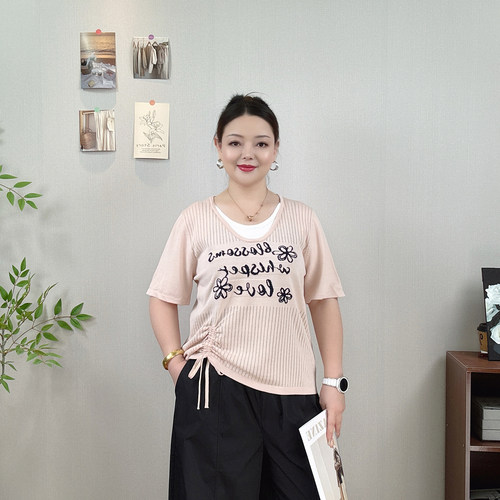 大码假两件抽绳短袖薄款针织衫女