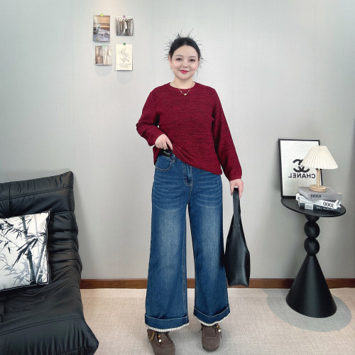复古高腰直筒牛仔裤女休闲阔腿裤