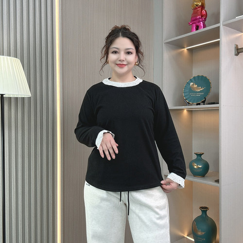 大码蕾丝花边拼接内搭加绒打底衫