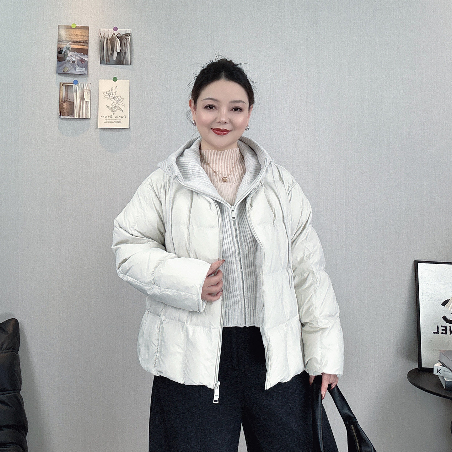 针织连帽假两件白鸭绒羽绒服女2026冬装新款大码宽松显瘦保暖外套