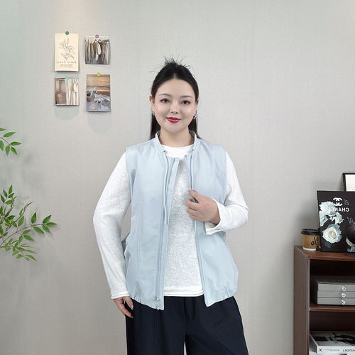 大码立领系带马甲外套女拉链开衫