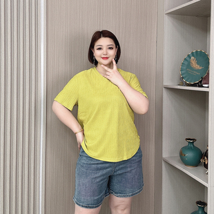 胖mm宽松显瘦肌理感休闲弧形遮肉上衣 大码 T恤女短袖 夏季 2024新款