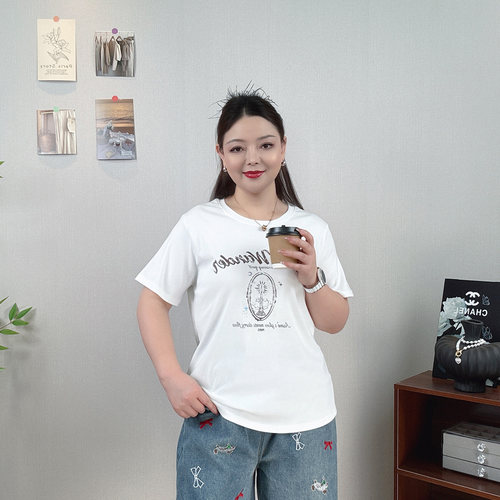 大码女装白色短袖印花T恤女上衣