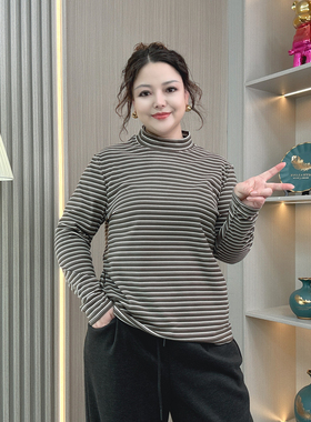 大码女装德绒条纹打底衫秋冬款加绒加厚冬季保暖内衣长袖T恤上衣