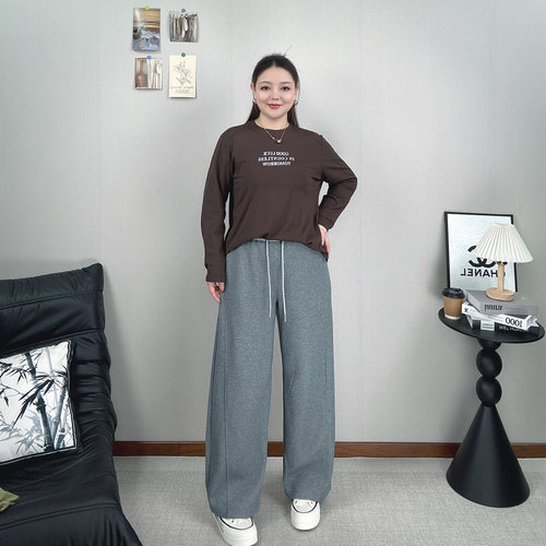 大码女装松紧腰抽绳弯刀裤休闲裤
