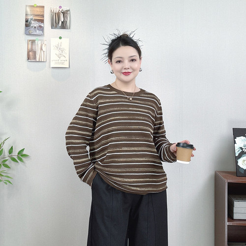 大码女装复古条纹长袖针织衫毛衣