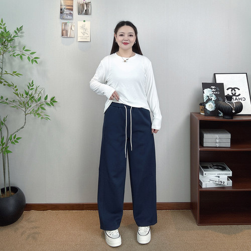 窄版弯刀阔腿裤女大码直筒休闲裤