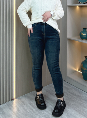 大码秋冬加绒保暖四面弹牛仔裤女高腰紧身梨形胖mm显瘦小脚裤靴裤