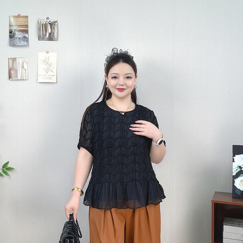立体波浪纹褶皱上衣女大码T恤衫