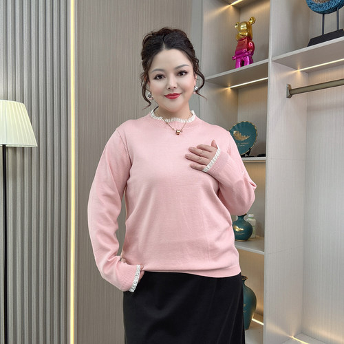 大码胖mm秋冬蕾丝拼接针织衫毛衣