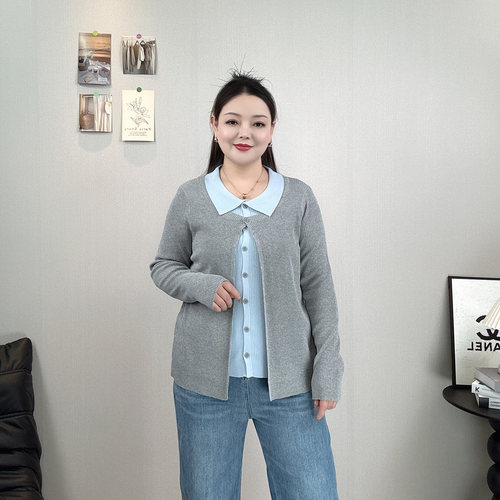 翻领假两件针织衫女秋装开衫大码